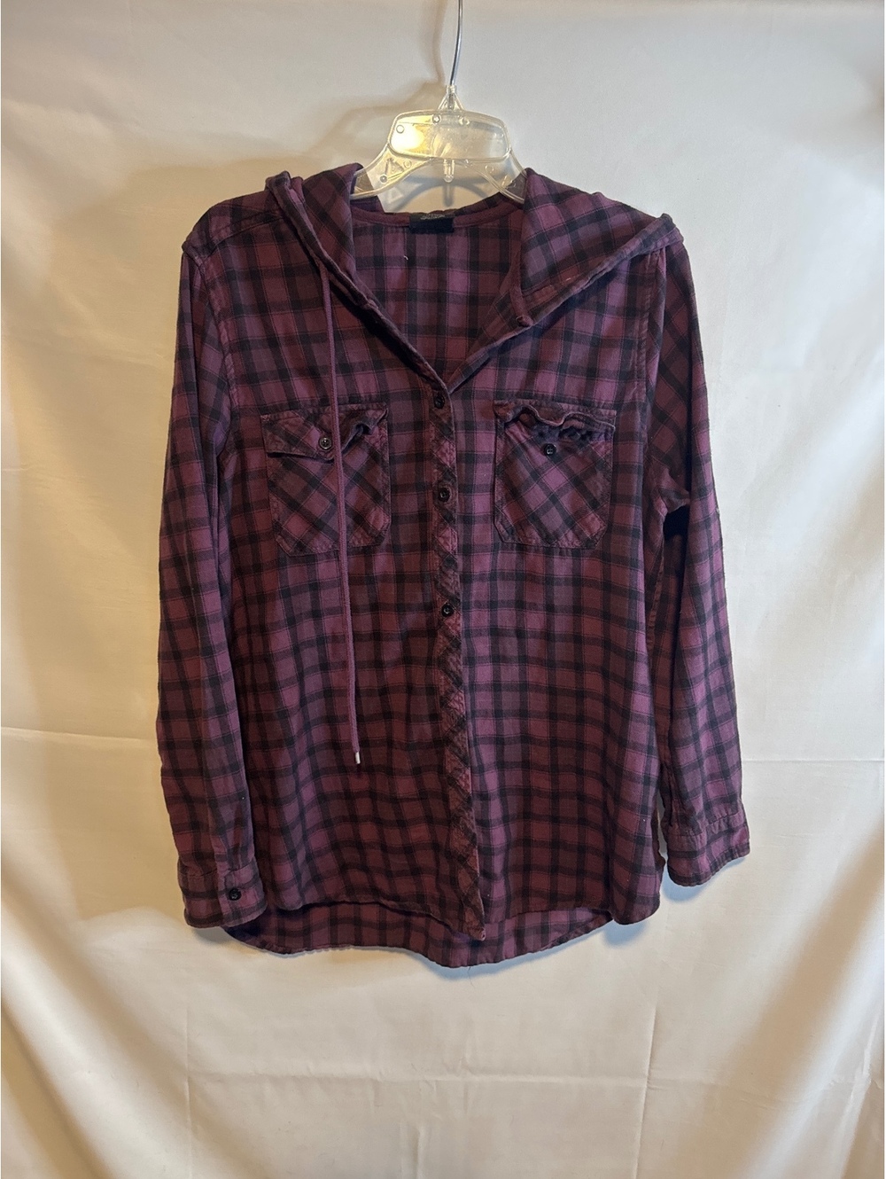 Empyre Womens Large Purple Black Plaid Hooded Flannel Shirt 100% Cotton